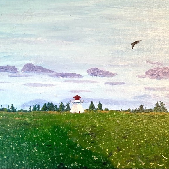 16 x 12 Original Lighthouse island PEI acrylic on canvas painting field sky bird - Picture 1 of 7